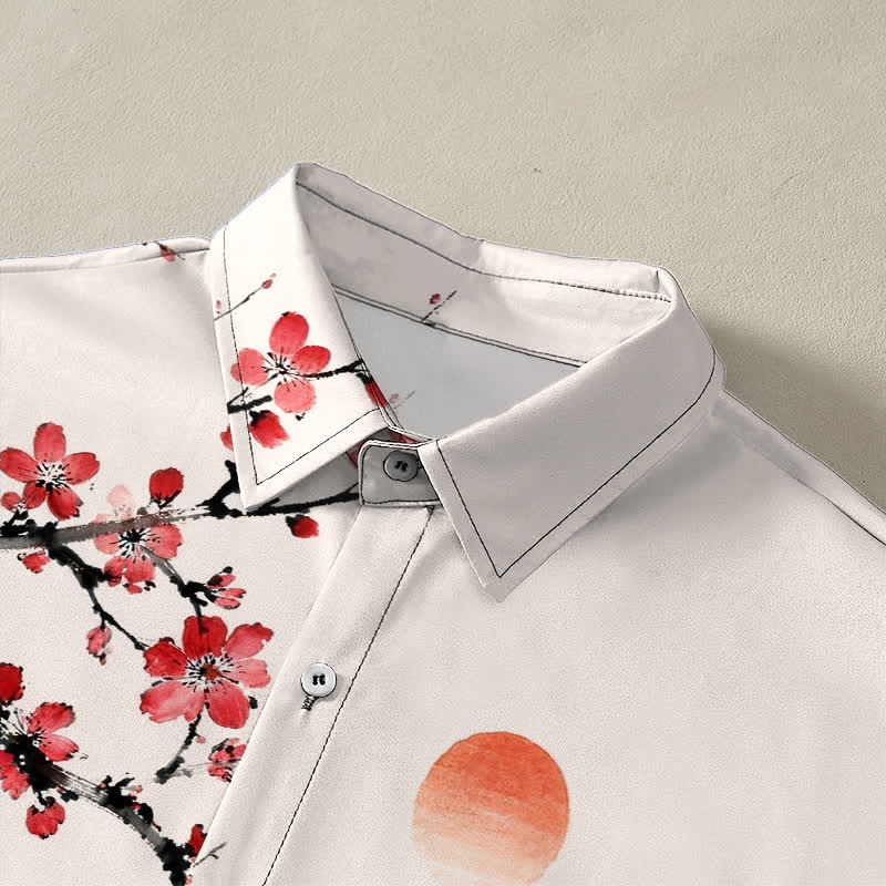 Nimara Ritual Ink Landscape Bamboo Blossom Sunset Pattern Buttons Breathable Men's Short Sleeve Shirt