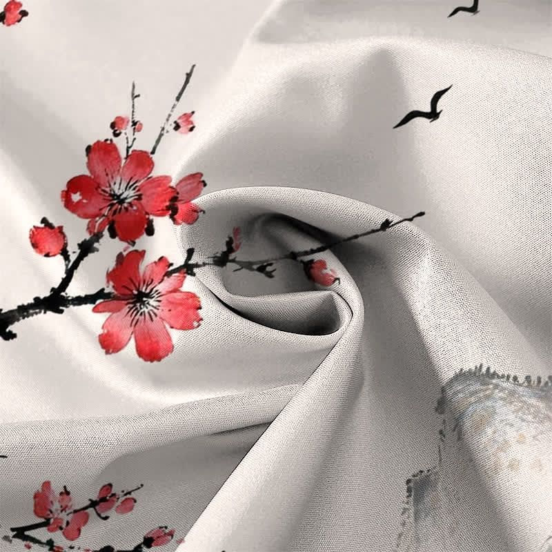 Nimara Ritual Ink Landscape Bamboo Blossom Sunset Pattern Buttons Breathable Men's Short Sleeve Shirt