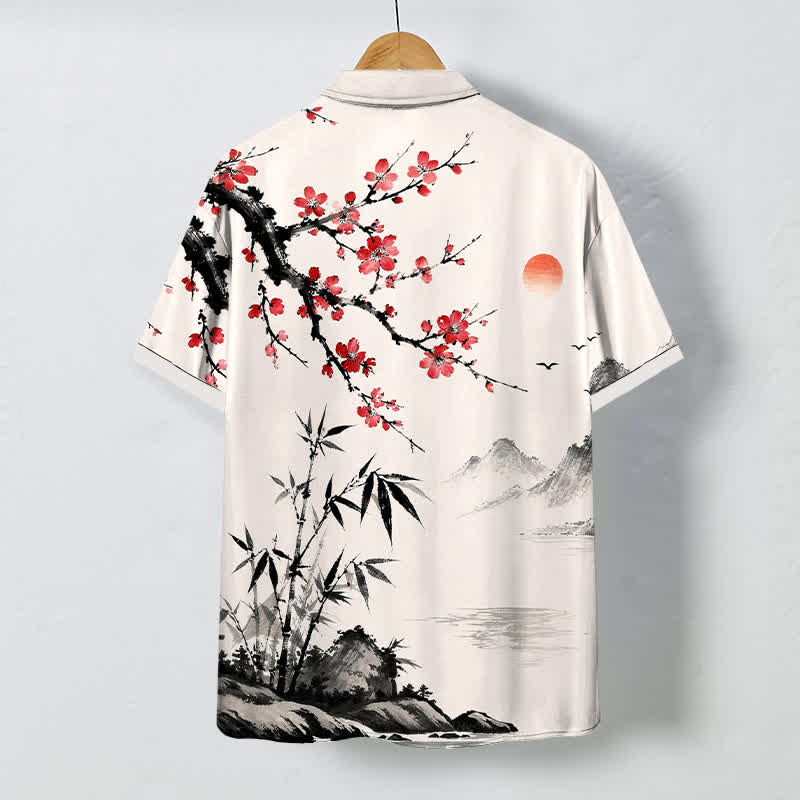 Nimara Ritual Ink Landscape Bamboo Blossom Sunset Pattern Buttons Breathable Men's Short Sleeve Shirt