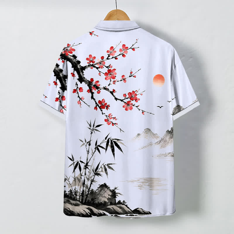 Nimara Ritual Ink Landscape Bamboo Blossom Sunset Pattern Buttons Breathable Men's Short Sleeve Shirt