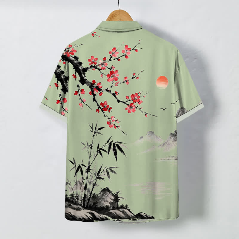 Nimara Ritual Ink Landscape Bamboo Blossom Sunset Pattern Buttons Breathable Men's Short Sleeve Shirt