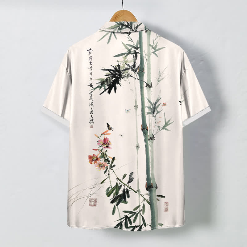 Nimara Ritual Ink Bamboo Blossom Bird Calligraphy Pattern Buttons Breathable Men's Short Sleeve Shirt