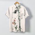 Nimara Ritual Ink Bamboo Blossom Bird Calligraphy Pattern Buttons Breathable Men's Short Sleeve Shirt