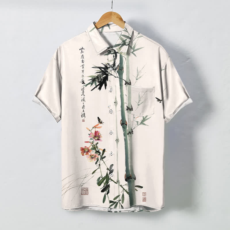 Nimara Ritual Ink Bamboo Blossom Bird Calligraphy Pattern Buttons Breathable Men's Short Sleeve Shirt
