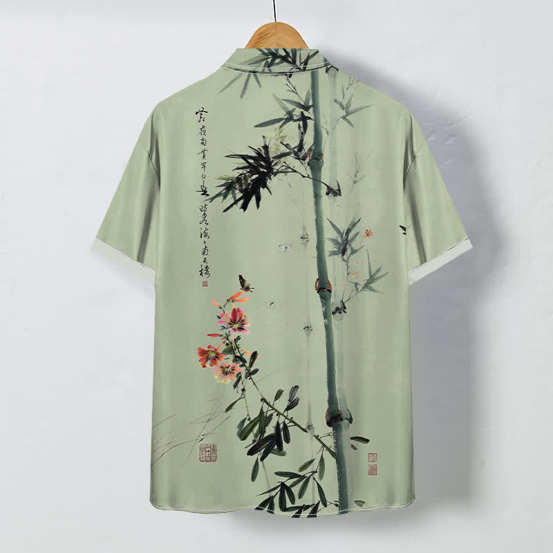 Nimara Ritual Ink Bamboo Blossom Bird Calligraphy Pattern Buttons Breathable Men's Short Sleeve Shirt