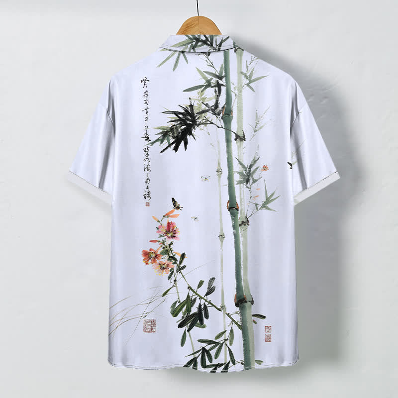 Nimara Ritual Ink Bamboo Blossom Bird Calligraphy Pattern Buttons Breathable Men's Short Sleeve Shirt