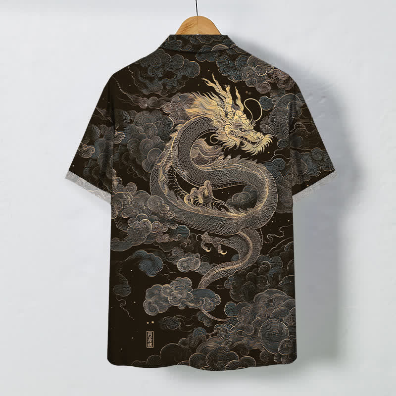 Nimara Ritual Golden Dragon Cloud Pattern Buttons Wrinkle-resistant Men's Short Sleeve Shirt
