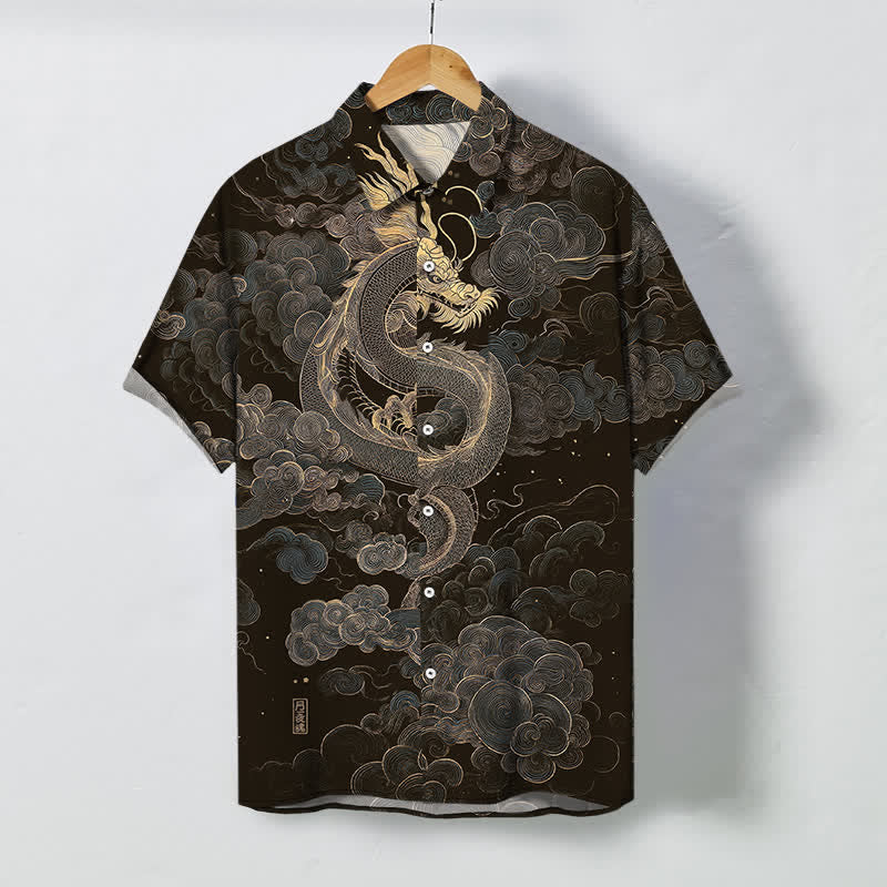 Nimara Ritual Golden Dragon Cloud Pattern Buttons Wrinkle-resistant Men's Short Sleeve Shirt