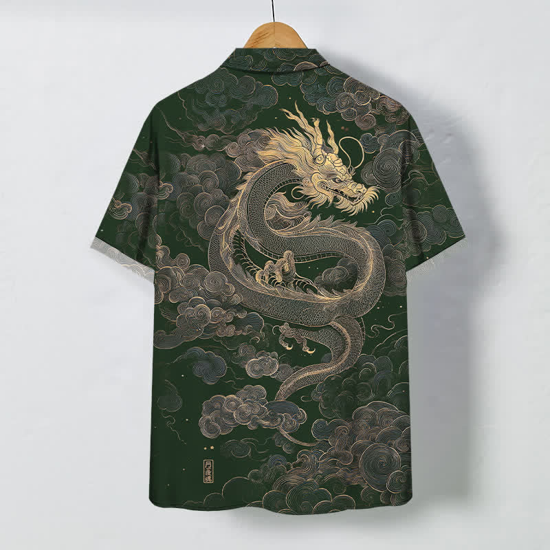 Nimara Ritual Golden Dragon Cloud Pattern Buttons Wrinkle-resistant Men's Short Sleeve Shirt