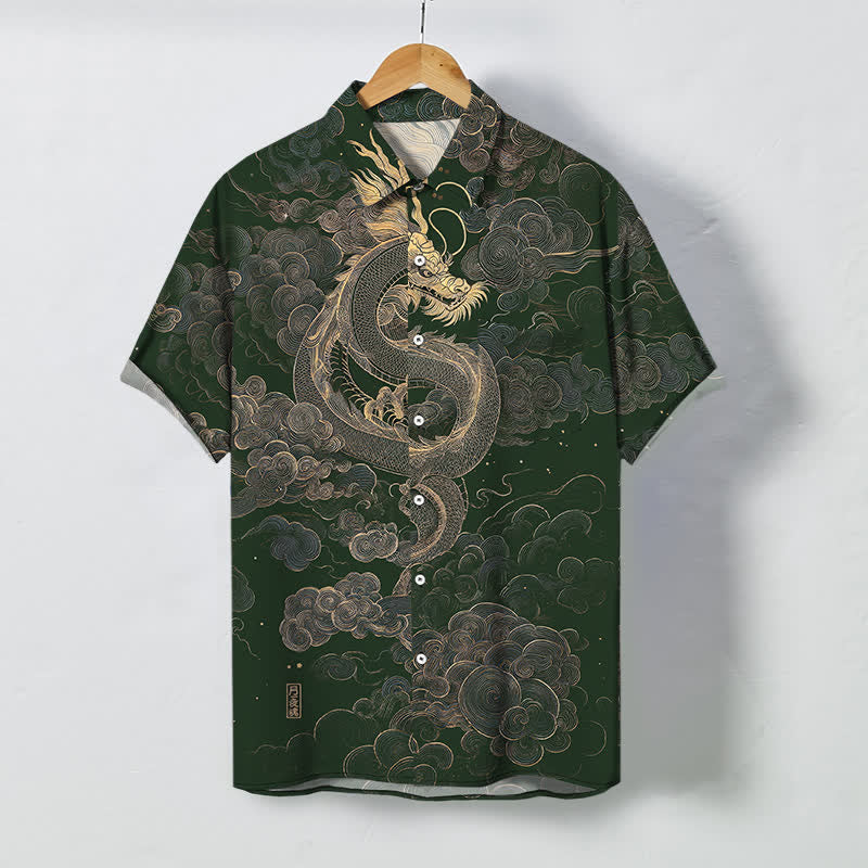 Nimara Ritual Golden Dragon Cloud Pattern Buttons Wrinkle-resistant Men's Short Sleeve Shirt