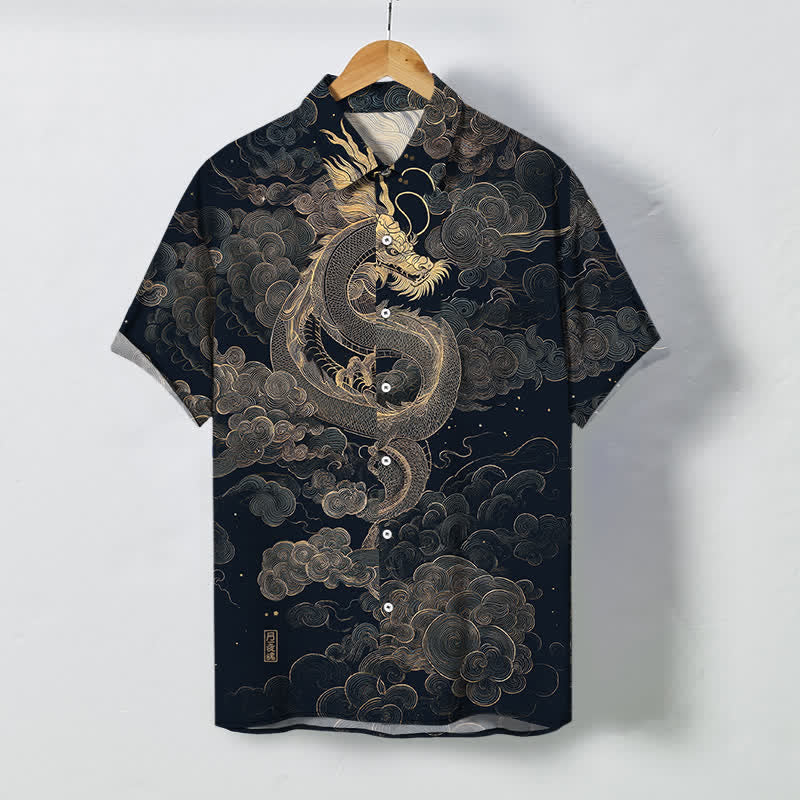 Nimara Ritual Golden Dragon Cloud Pattern Buttons Wrinkle-resistant Men's Short Sleeve Shirt