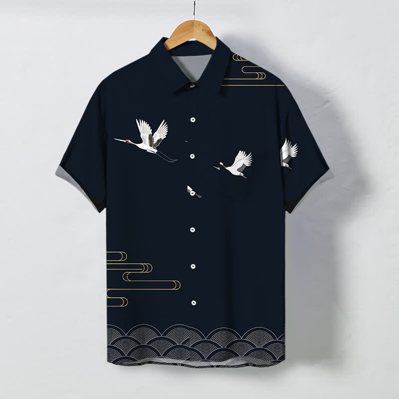 Nimara Ritual Crane Gold Wave Pattern Buttons Breathable Men's Short Sleeve Shirt
