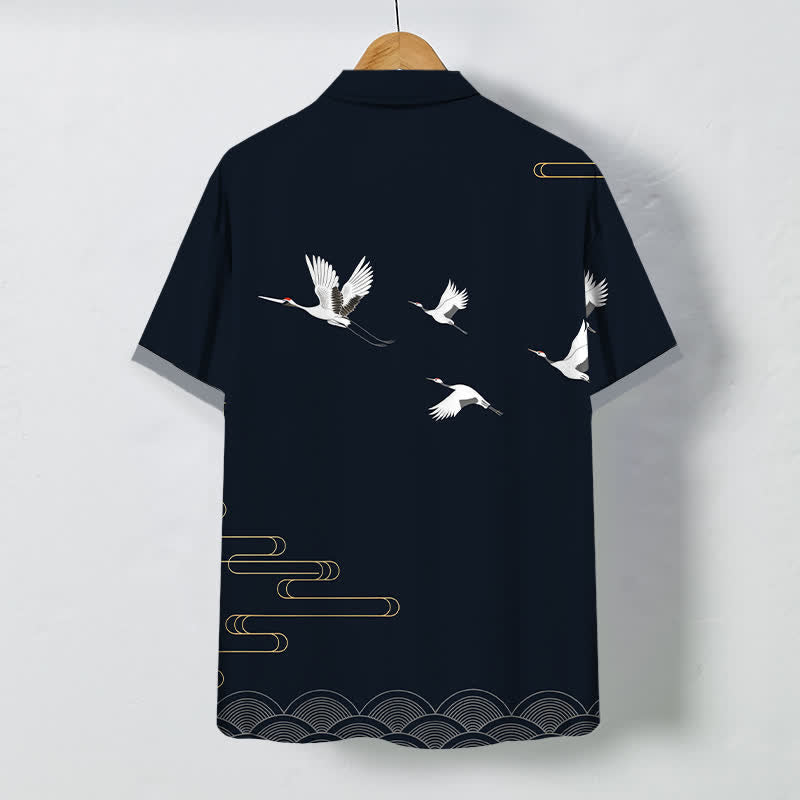 Nimara Ritual Crane Gold Wave Pattern Buttons Breathable Men's Short Sleeve Shirt