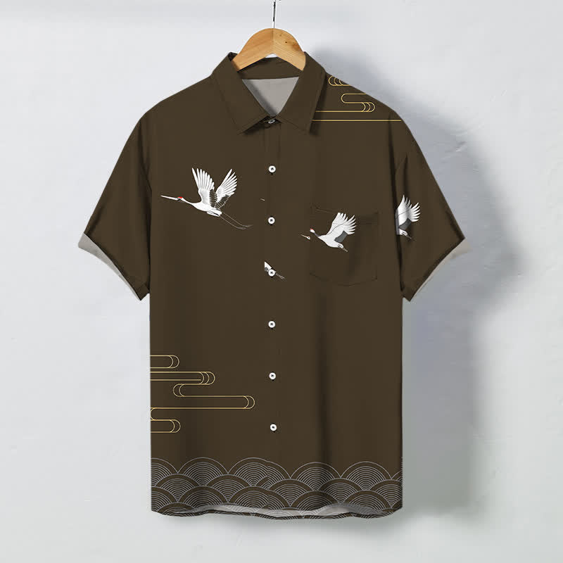 Nimara Ritual Crane Gold Wave Pattern Buttons Breathable Men's Short Sleeve Shirt