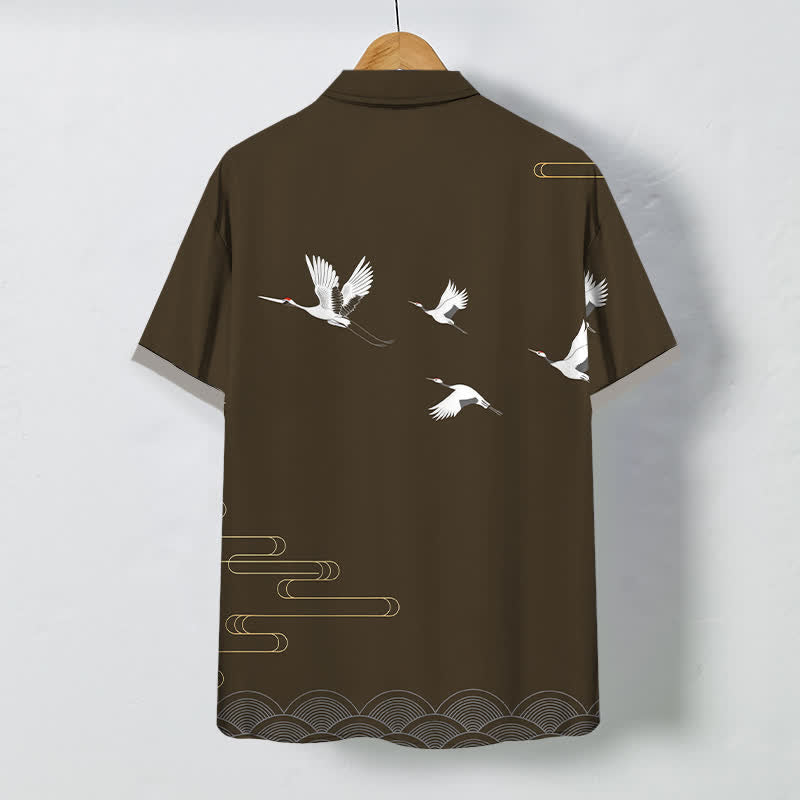 Nimara Ritual Crane Gold Wave Pattern Buttons Breathable Men's Short Sleeve Shirt