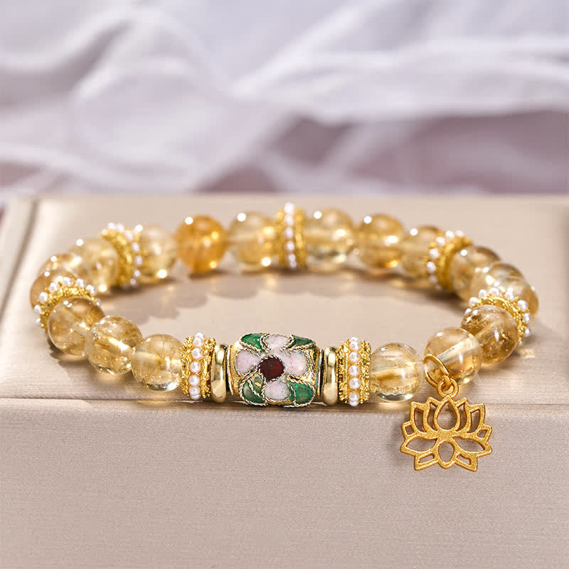 Nimara Ritual Citrine Lotus Pendant Enamel Barrel Bead Abundance Hand-polished Round Bead Bracelet