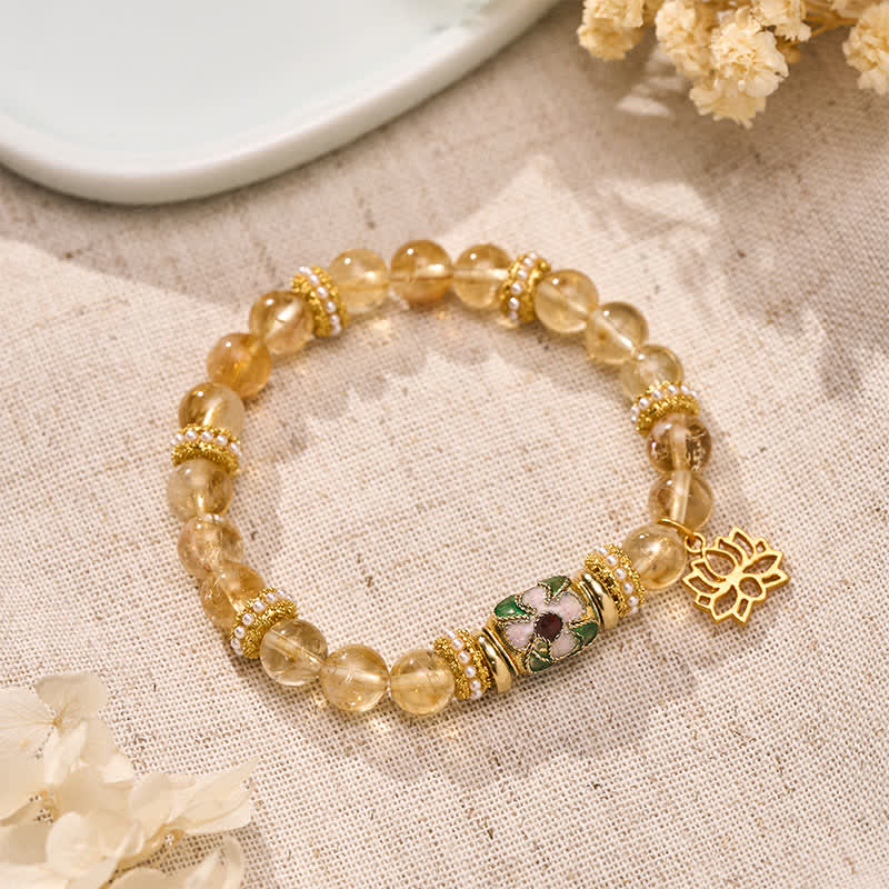 Nimara Ritual Citrine Lotus Pendant Enamel Barrel Bead Abundance Hand-polished Round Bead Bracelet