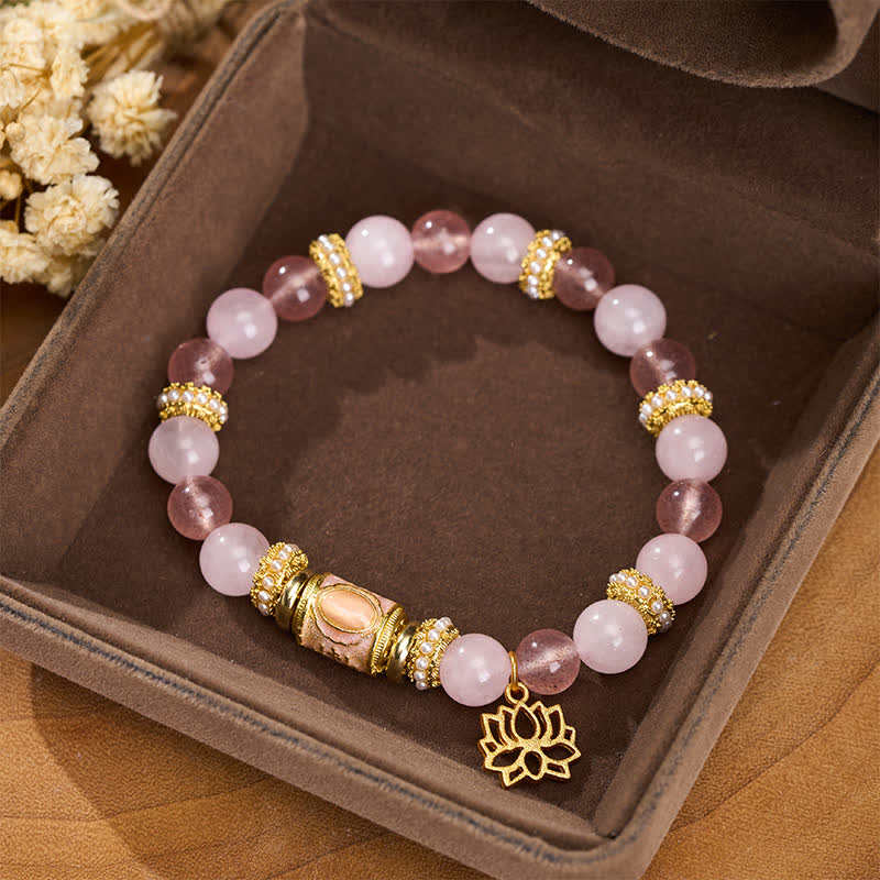 Nimara Ritual Natural Strawberry Quartz Rose Quartz Enamel Barrel Bead Clarity Round Bead Bracelet