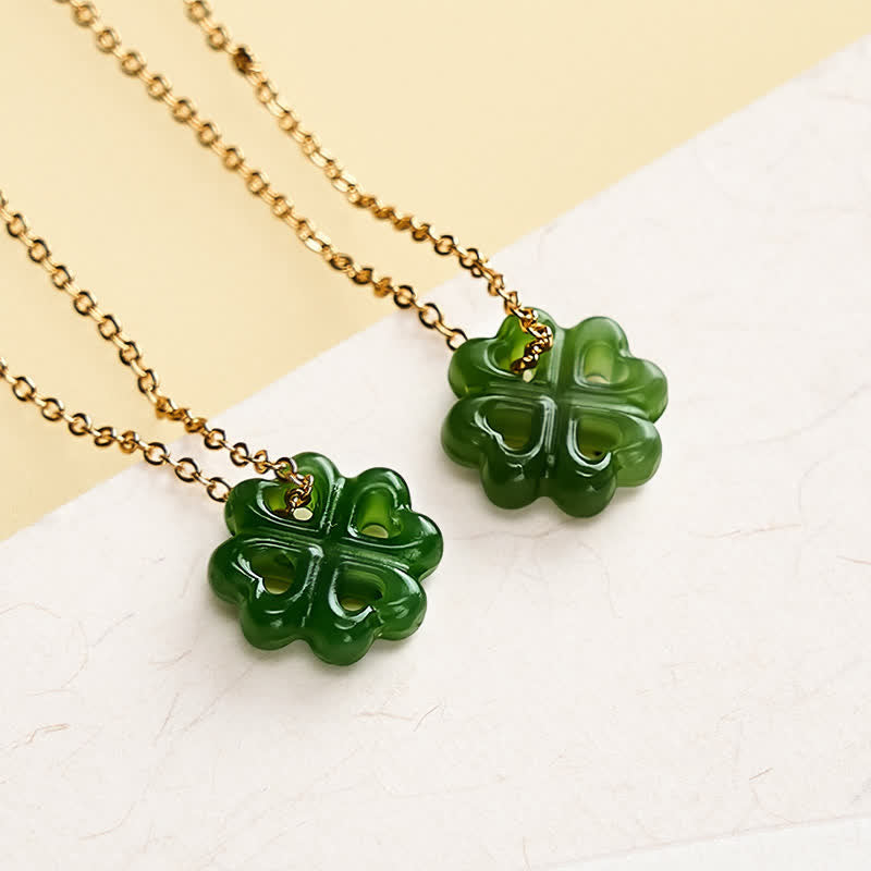 Nimara Ritual Jade Four Leaf Clover Luck Hand Carved Pendant Necklace