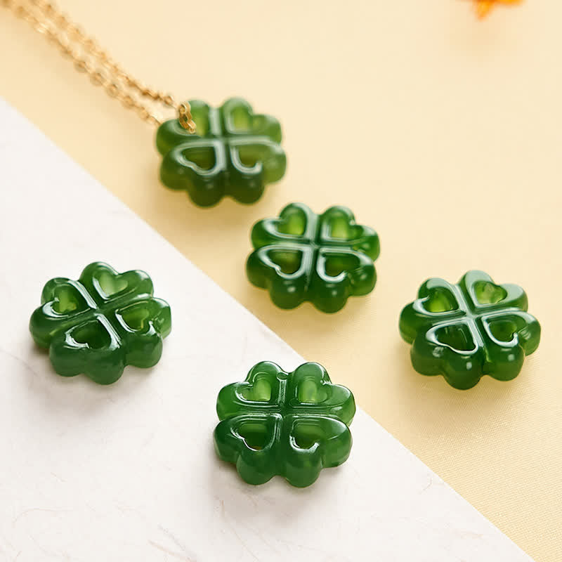 Nimara Ritual Jade Four Leaf Clover Luck Hand Carved Pendant Necklace