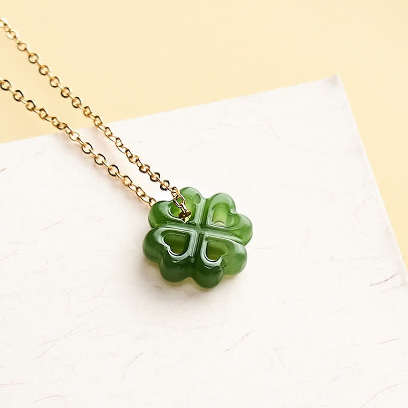 Nimara Ritual Jade Four Leaf Clover Luck Hand Carved Pendant Necklace