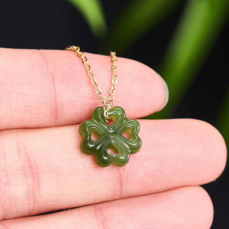 Nimara Ritual Jade Four Leaf Clover Luck Hand Carved Pendant Necklace