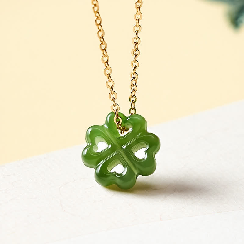 Nimara Ritual Jade Four Leaf Clover Luck Hand Carved Pendant Necklace