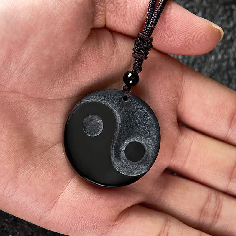 Balance and Strength Black Obsidian Yin Yang Round Pendant Necklace