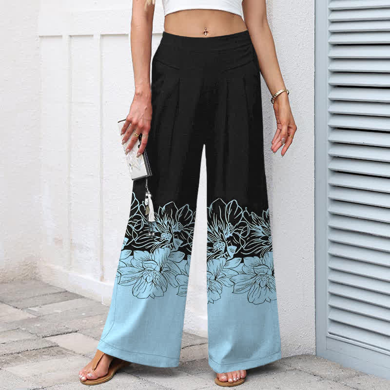 Nimara Ritual Cotton Linen Vintage Floral Pattern Women's Elastic Waist Wide Leg Pants With Pockets