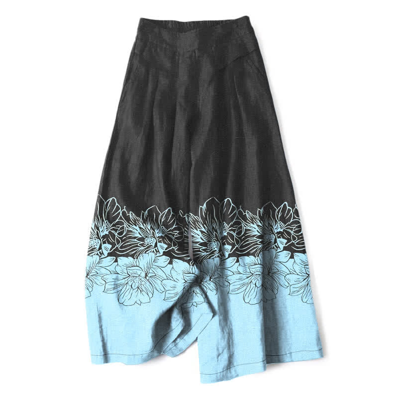 Nimara Ritual Cotton Linen Vintage Floral Pattern Women's Elastic Waist Wide Leg Pants With Pockets