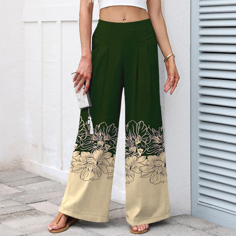 Nimara Ritual Cotton Linen Vintage Floral Pattern Women's Elastic Waist Wide Leg Pants With Pockets