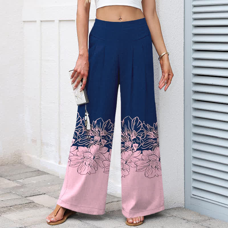 Nimara Ritual Cotton Linen Vintage Floral Pattern Women's Elastic Waist Wide Leg Pants With Pockets