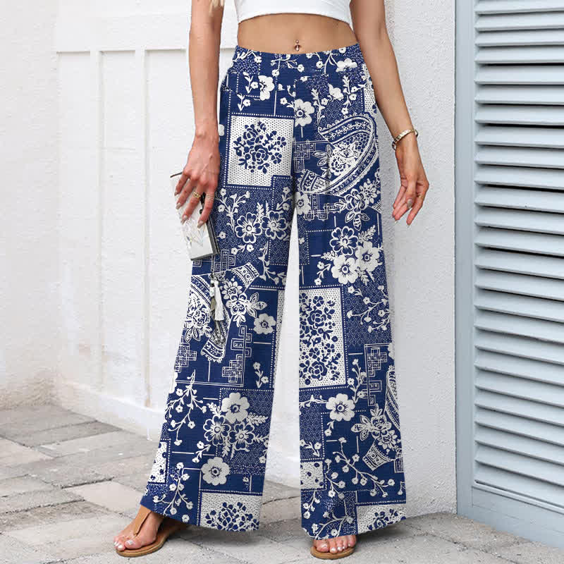 Nimara Ritual Cotton Linen Vintage Floral Geometric Patchwork Pattern Women's Elastic Waist Wide Leg Pants With Pockets