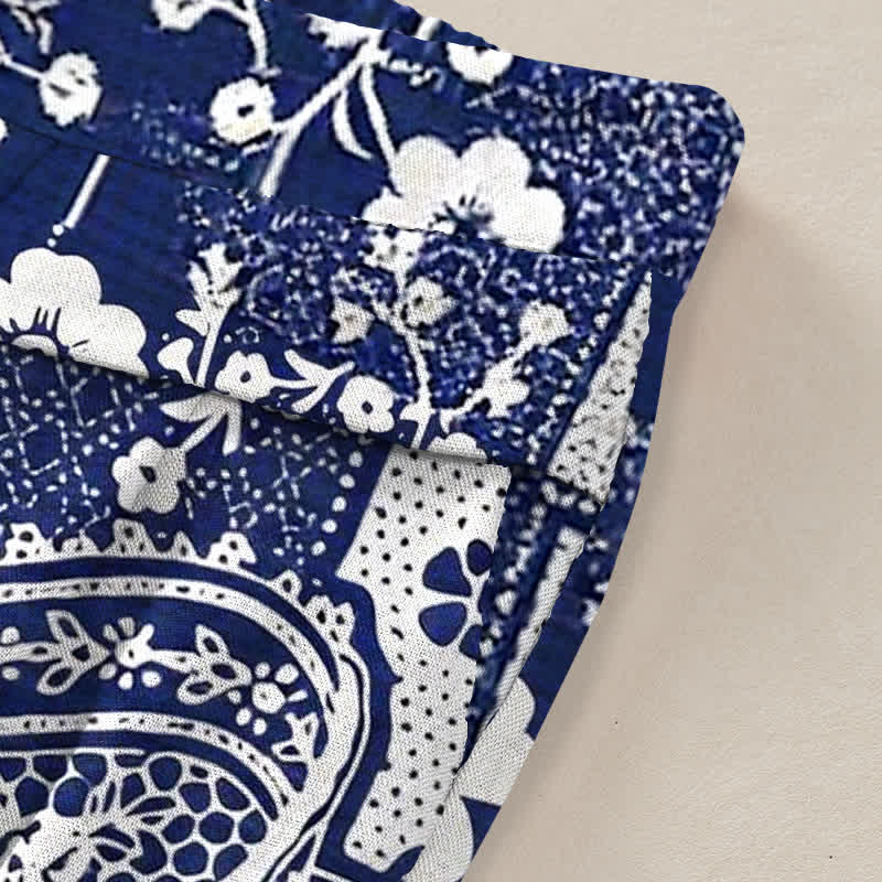 Nimara Ritual Cotton Linen Vintage Floral Geometric Patchwork Pattern Women's Elastic Waist Wide Leg Pants With Pockets
