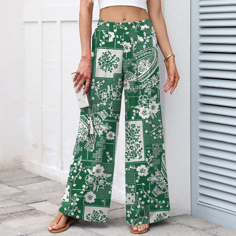 Nimara Ritual Cotton Linen Vintage Floral Geometric Patchwork Pattern Women's Elastic Waist Wide Leg Pants With Pockets