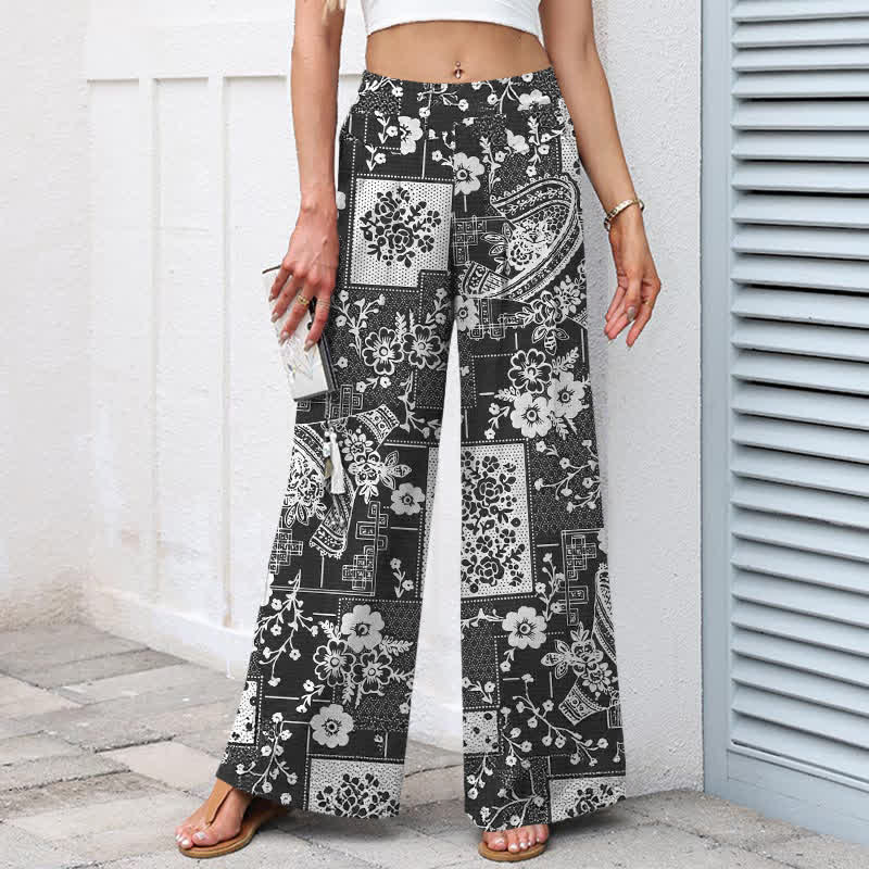 Nimara Ritual Cotton Linen Vintage Floral Geometric Patchwork Pattern Women's Elastic Waist Wide Leg Pants With Pockets
