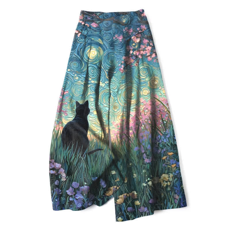 Nimara Ritual Cotton Linen Enchanted Forest Black Cat Pattern Women's Elastic Waist Wide Leg Pants With Pockets