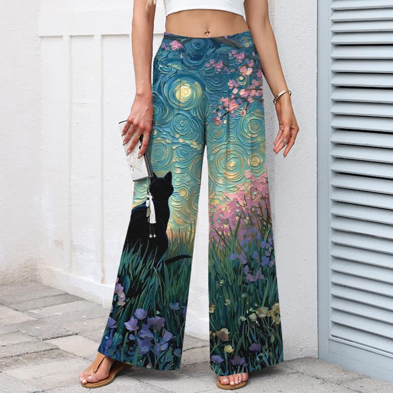 Nimara Ritual Cotton Linen Enchanted Forest Black Cat Pattern Women's Elastic Waist Wide Leg Pants With Pockets