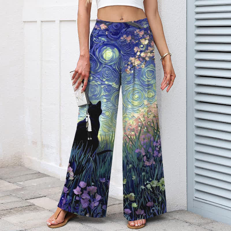 Nimara Ritual Cotton Linen Enchanted Forest Black Cat Pattern Women's Elastic Waist Wide Leg Pants With Pockets