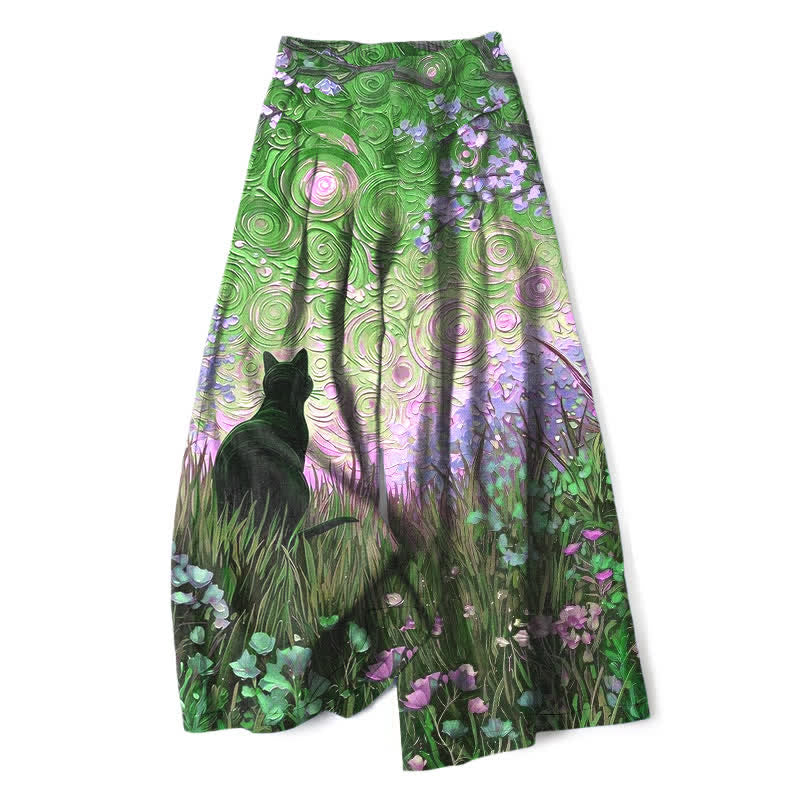 Nimara Ritual Cotton Linen Enchanted Forest Black Cat Pattern Women's Elastic Waist Wide Leg Pants With Pockets