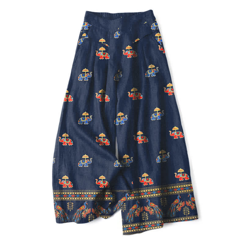 Nimara Ritual Cotton Linen Bohemian Elephant Pattern Women's Elastic Waist Wide Leg Pants With Pockets