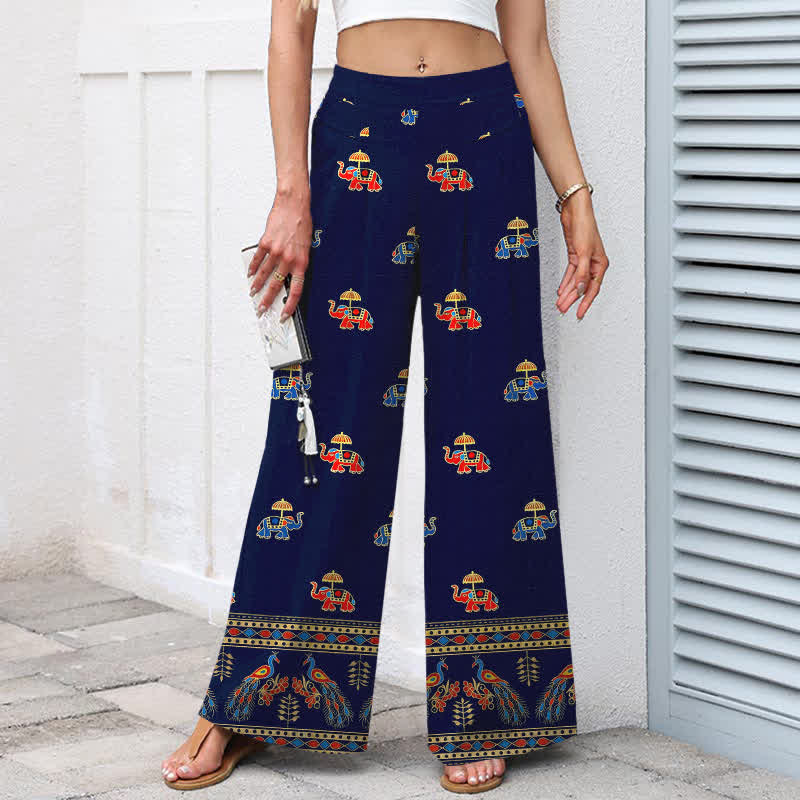 Nimara Ritual Cotton Linen Bohemian Elephant Pattern Women's Elastic Waist Wide Leg Pants With Pockets