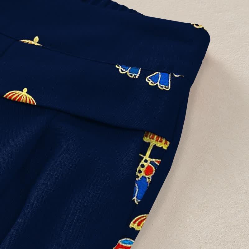 Nimara Ritual Cotton Linen Bohemian Elephant Pattern Women's Elastic Waist Wide Leg Pants With Pockets