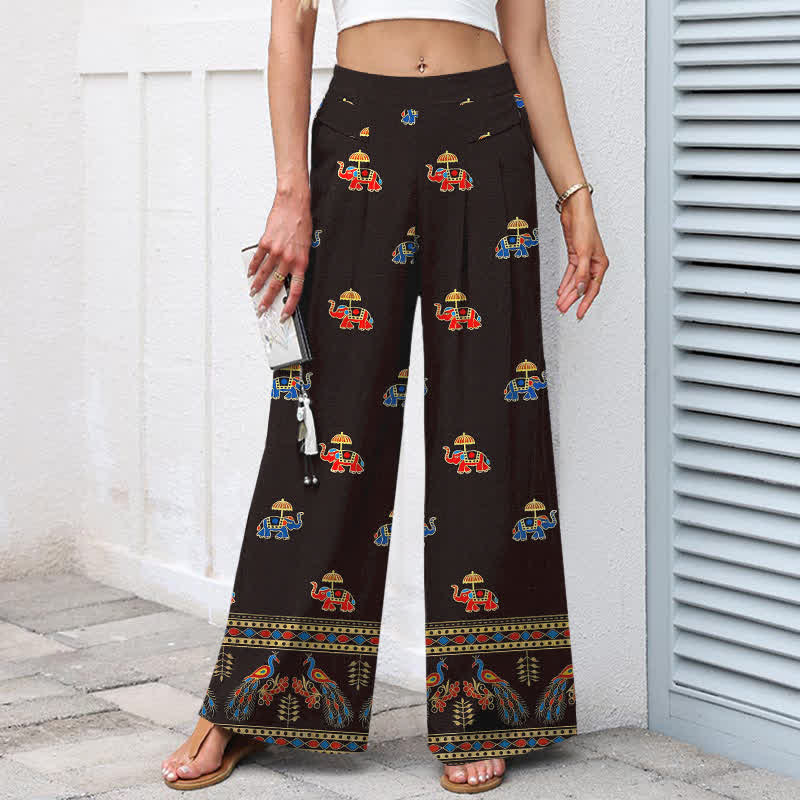 Nimara Ritual Cotton Linen Bohemian Elephant Pattern Women's Elastic Waist Wide Leg Pants With Pockets