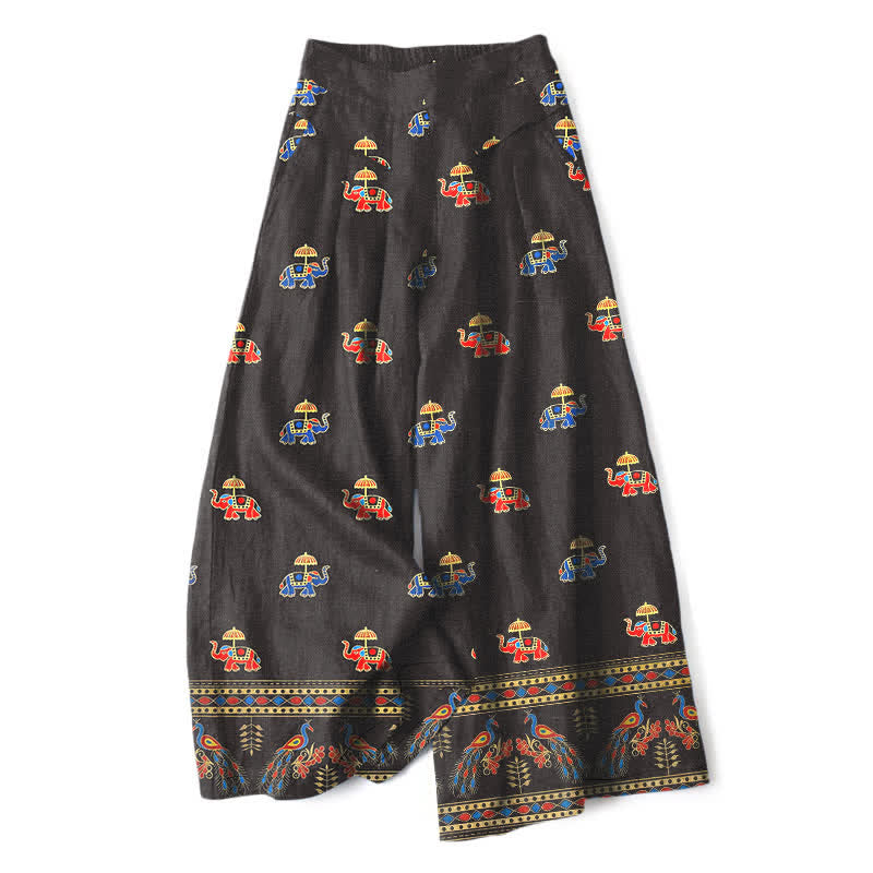 Nimara Ritual Cotton Linen Bohemian Elephant Pattern Women's Elastic Waist Wide Leg Pants With Pockets