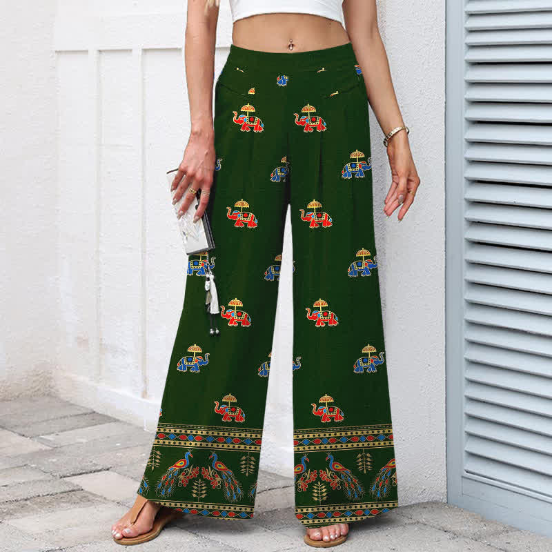 Nimara Ritual Cotton Linen Bohemian Elephant Pattern Women's Elastic Waist Wide Leg Pants With Pockets