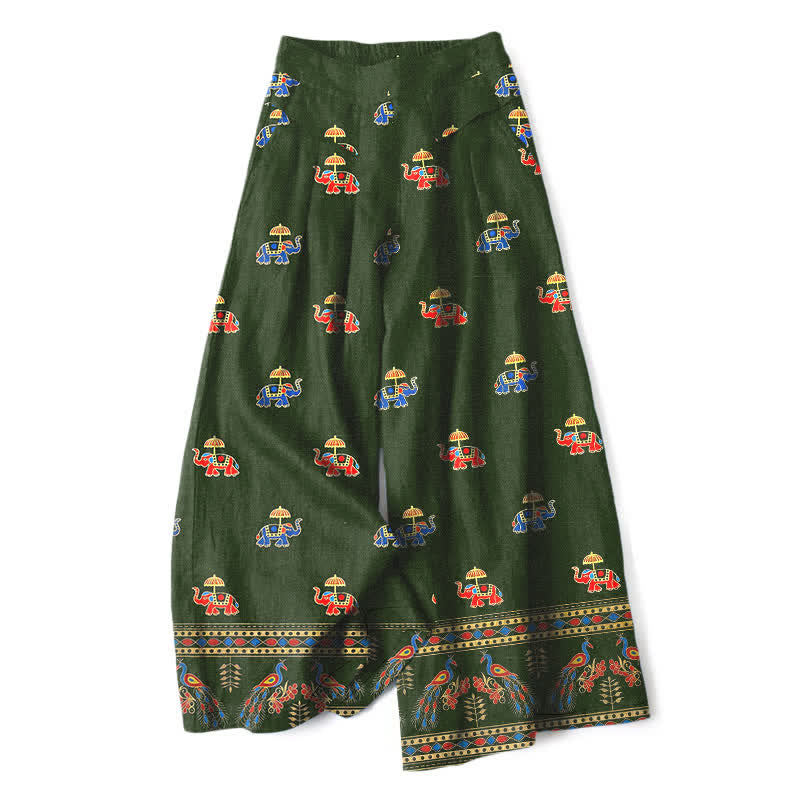 Nimara Ritual Cotton Linen Bohemian Elephant Pattern Women's Elastic Waist Wide Leg Pants With Pockets