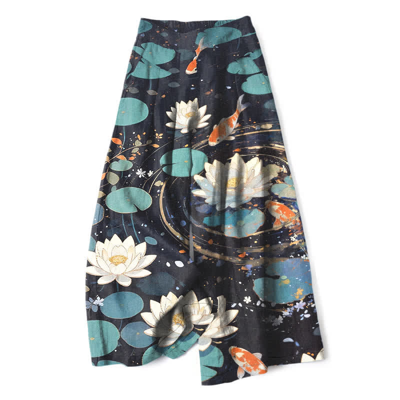 Nimara Ritual Cotton Linen Lotus Koi Fish Pattern Women's Elastic Waist Wide Leg Pants With Pockets