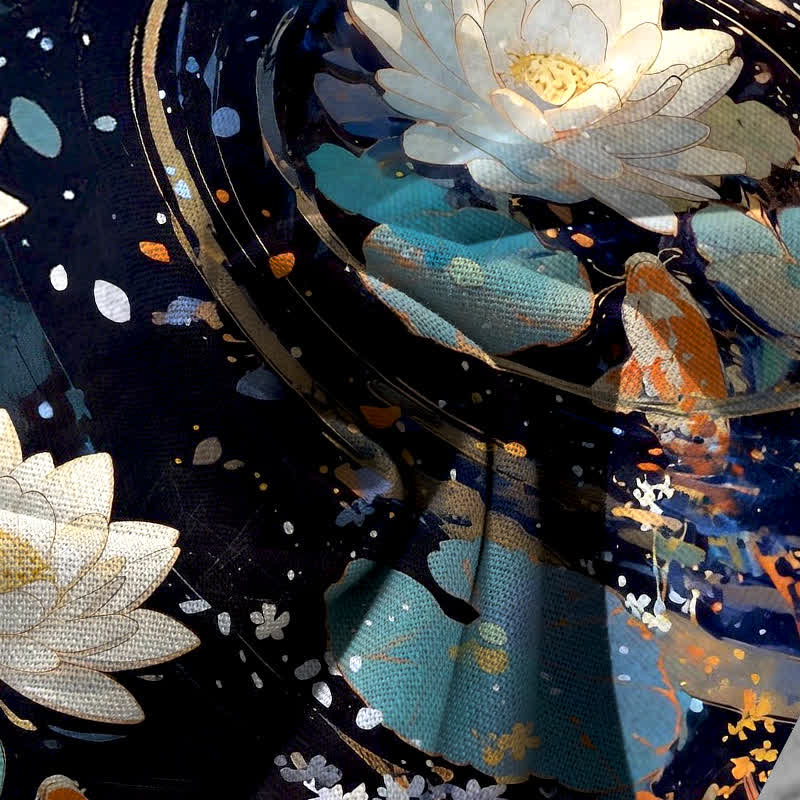 Nimara Ritual Cotton Linen Lotus Koi Fish Pattern Women's Elastic Waist Wide Leg Pants With Pockets
