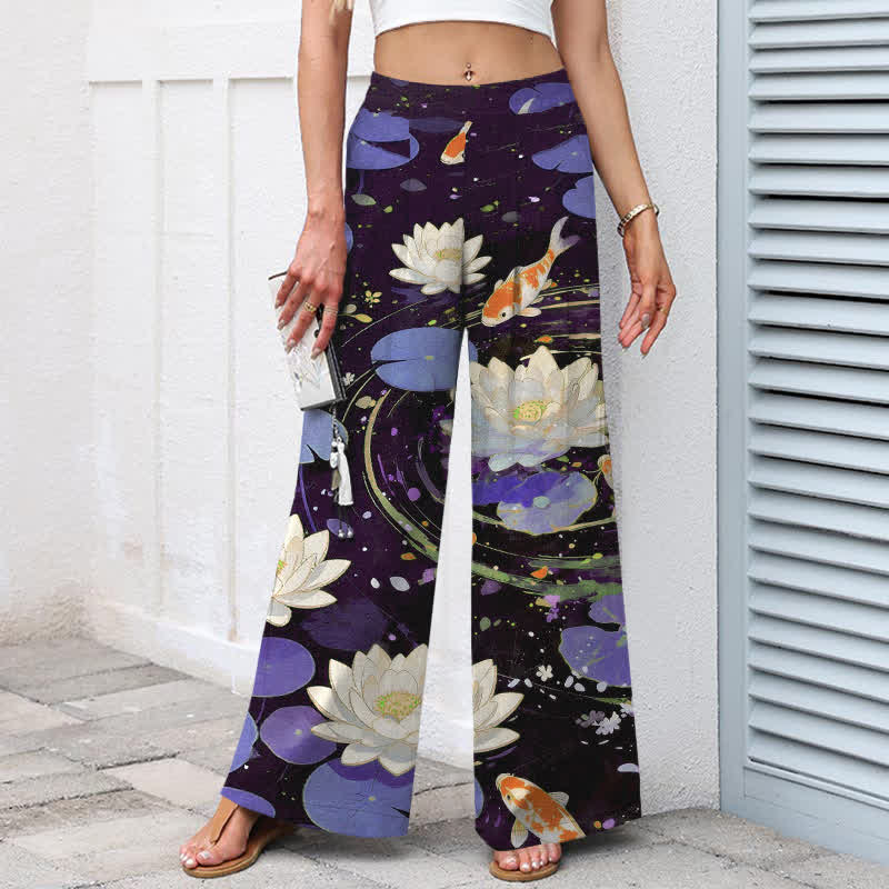 Nimara Ritual Cotton Linen Lotus Koi Fish Pattern Women's Elastic Waist Wide Leg Pants With Pockets